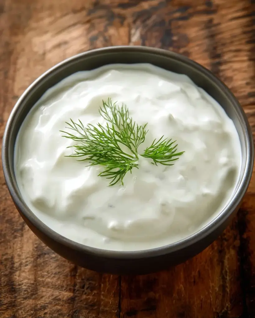 Bowl of Tzatziki with fresh cucumbers and herbs