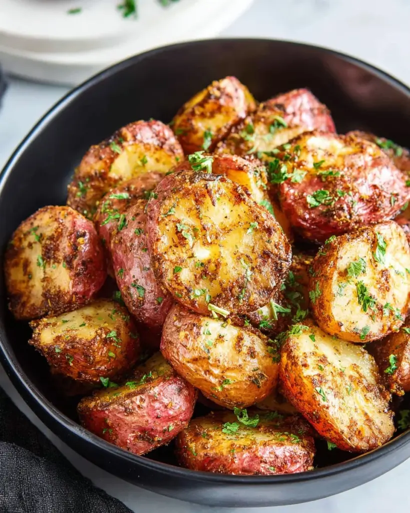 Crispy air fryer radishes served in a bowl with herbs.