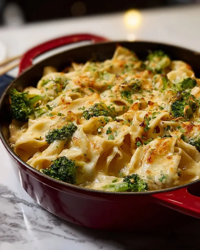 Creamy Alfredo Chicken Broccoli Skillet Lasagna served in a skillet