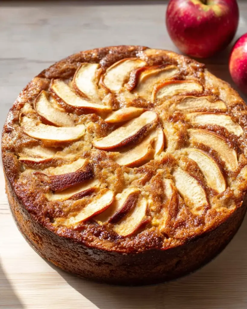 Slice of Apple Ricotta Cake topped with fresh apple slices and powdered sugar
