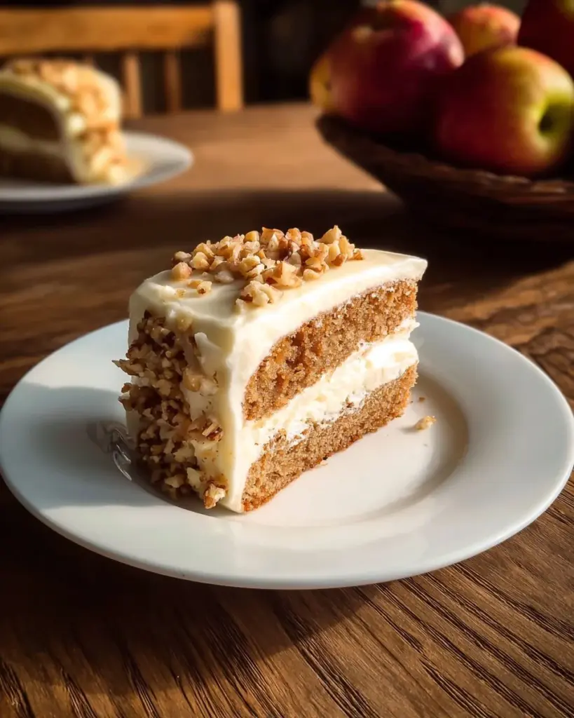 Delicious Apple Spice Cake with Cream Cheese Frosting on a wooden table
