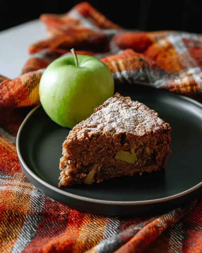 Slice of homemade Apple Walnut Cake with walnuts and fresh apple slices.