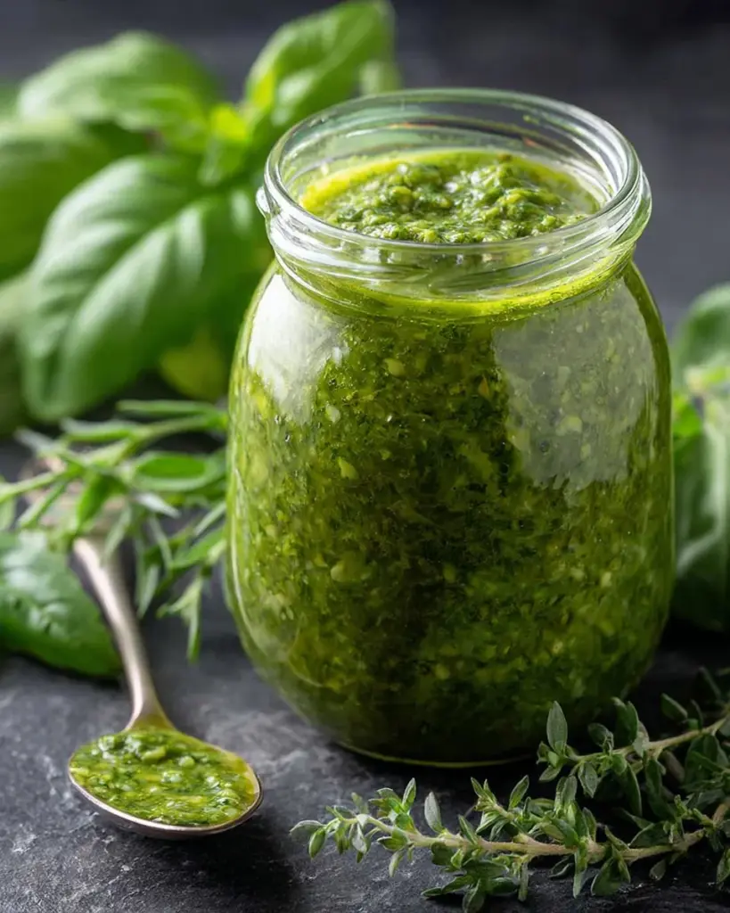 Basil Chimichurri sauce served in a bowl with herbs and spices.