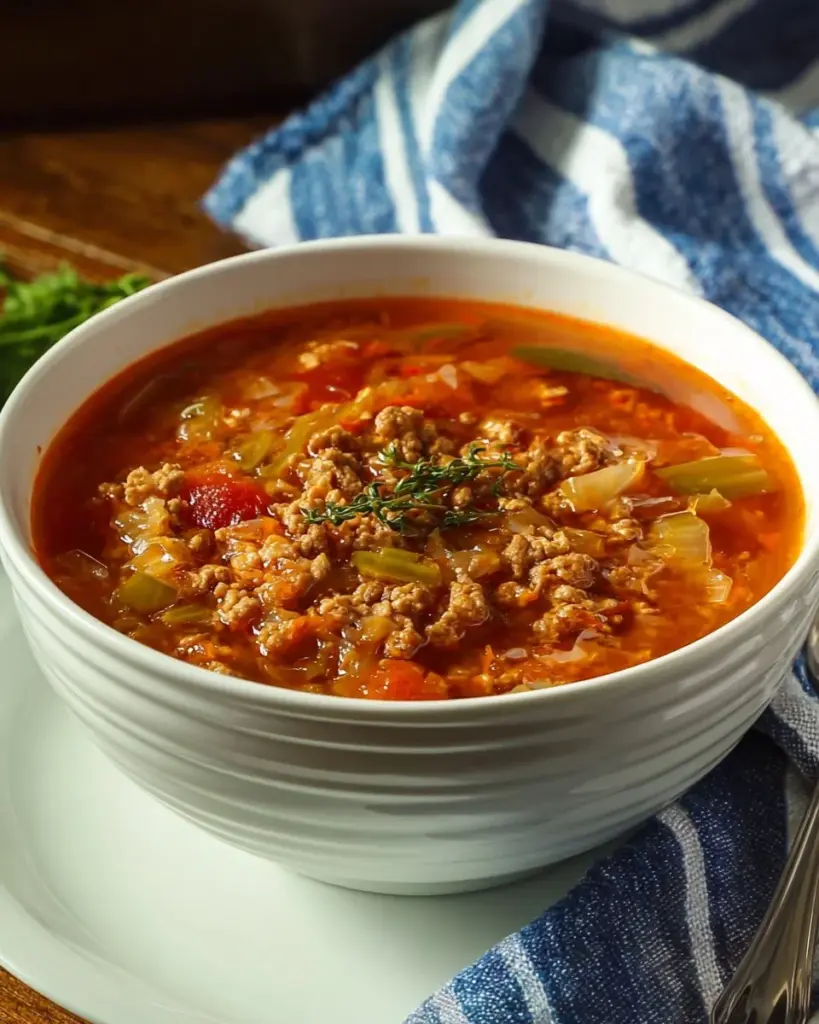 Bowl of hearty beef cabbage soup with vegetables and herbs