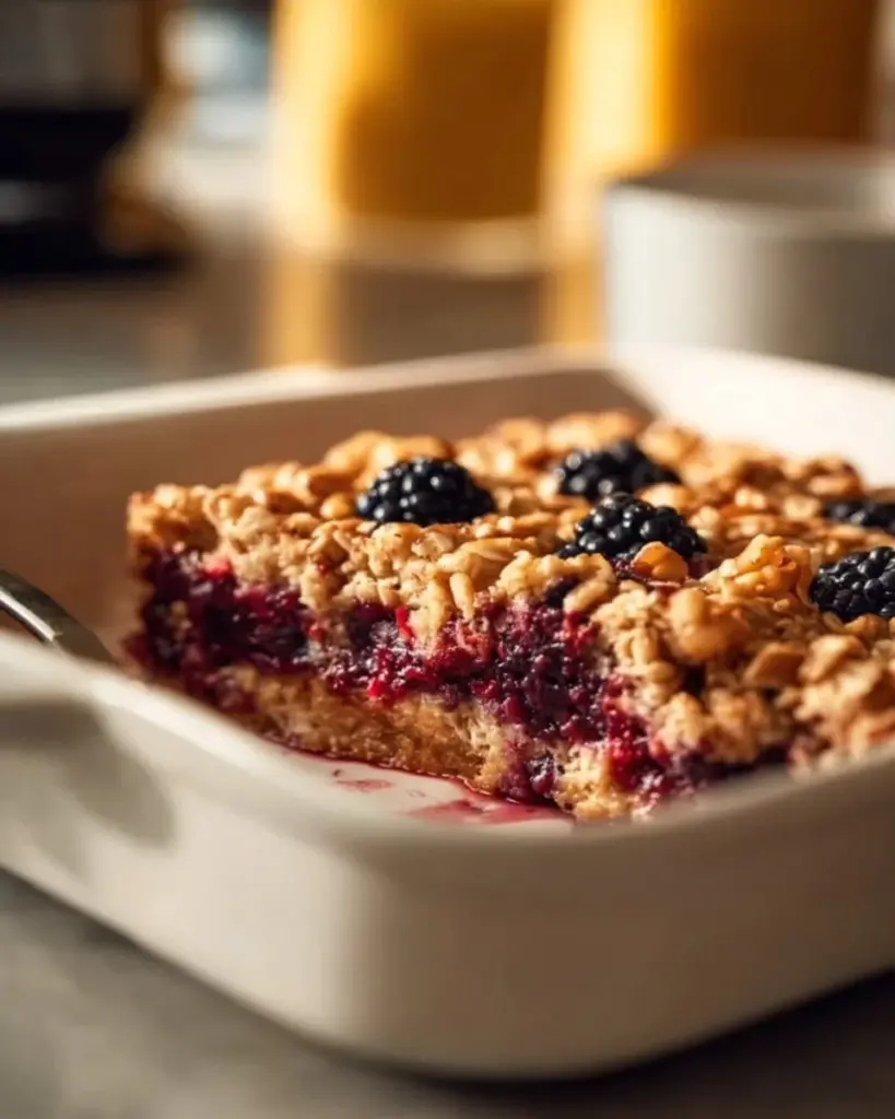 Delicious berry baked oatmeal topped with almonds in a baking dish
