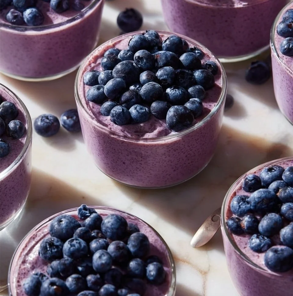 Blueberry chia seed pudding topped with fresh blueberries and coconut flakes.