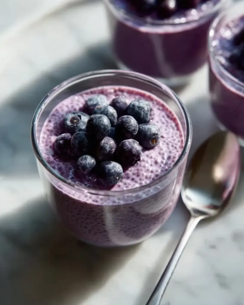 Delicious blueberry chia seed pudding topped with fresh berries and mint