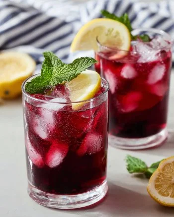 Refreshing glass of blueberry iced tea with fresh berries and mint