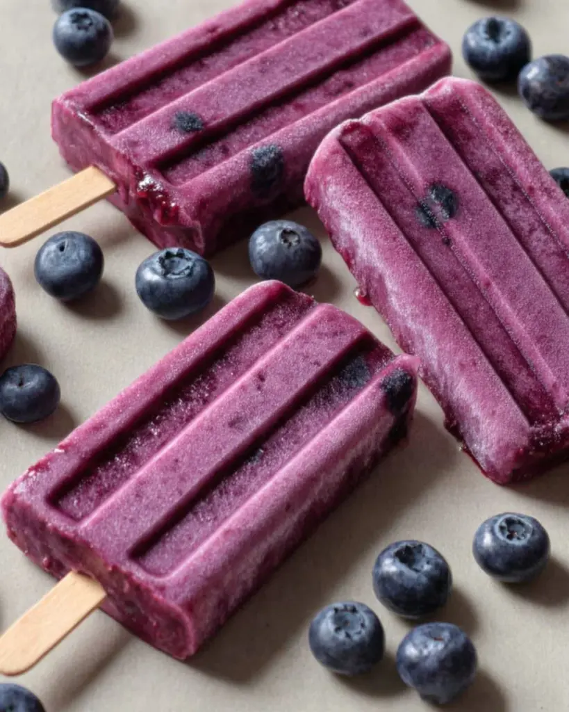 Homemade blueberry popsicles on a wooden table, perfect for summer
