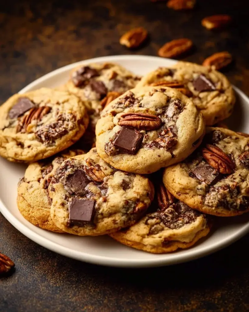 Brown butter pecan chocolate chunk cookies on a plate