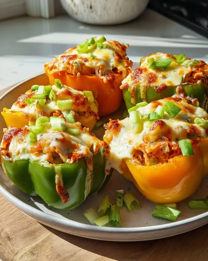 Delicious Buffalo Chicken Stuffed Peppers with toppings on a white plate