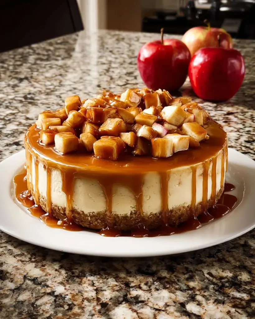 Delicious Caramel Apple Cheesecake topped with caramel and apple slices