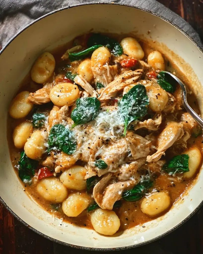 Delicious Chicken and Gnocchi served in a creamy sauce with fresh herbs