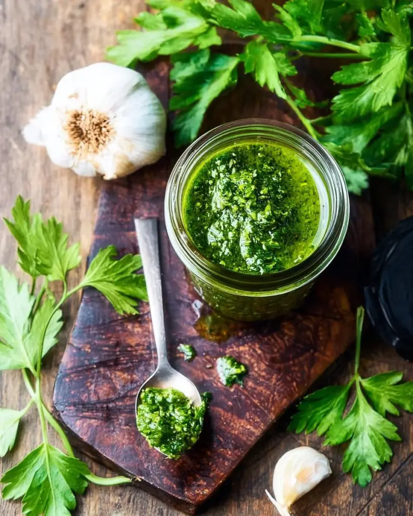 Homemade chimichurri sauce drizzled over grilled meat
