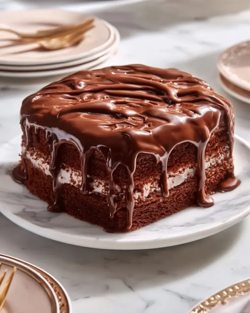 Delicious Chocolate Three Milks Cake topped with chocolate drizzle and cocoa