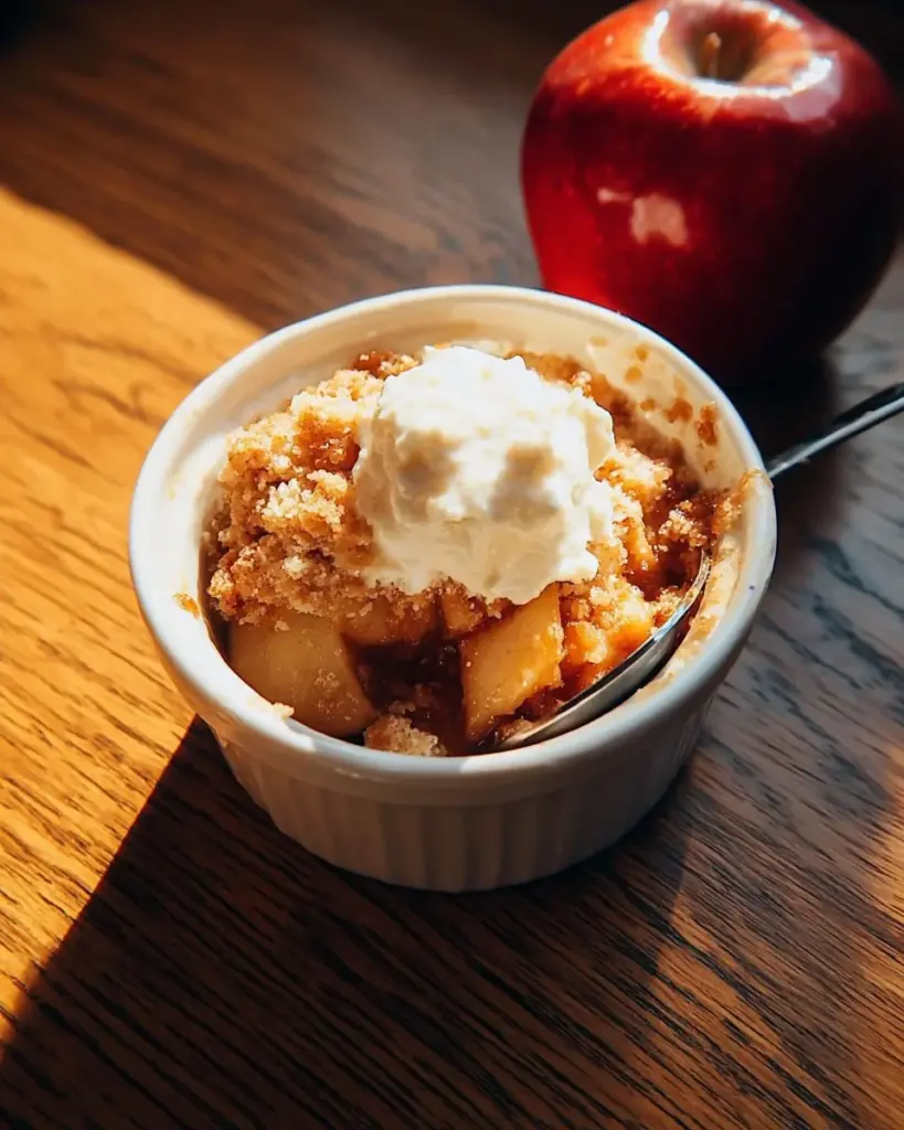 Cinnamon Apple Cobbler topped with cinnamon and served warm in a baking dish.