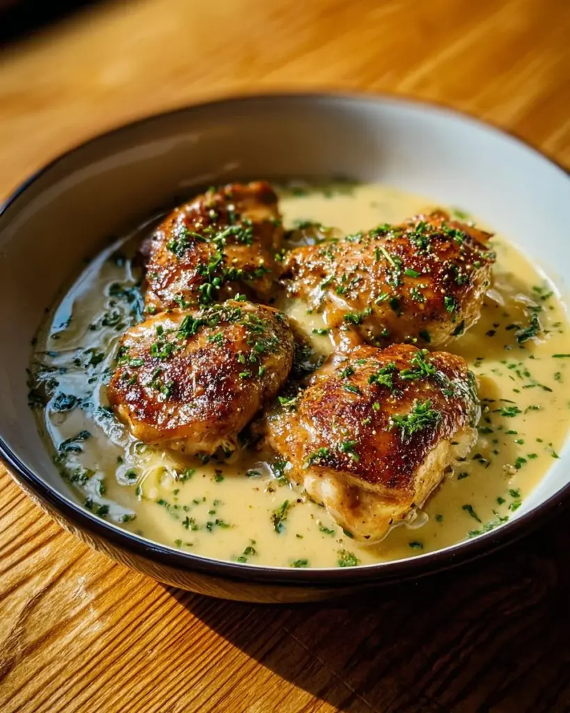 A delicious plate of creamy garlic chicken garnished with herbs.