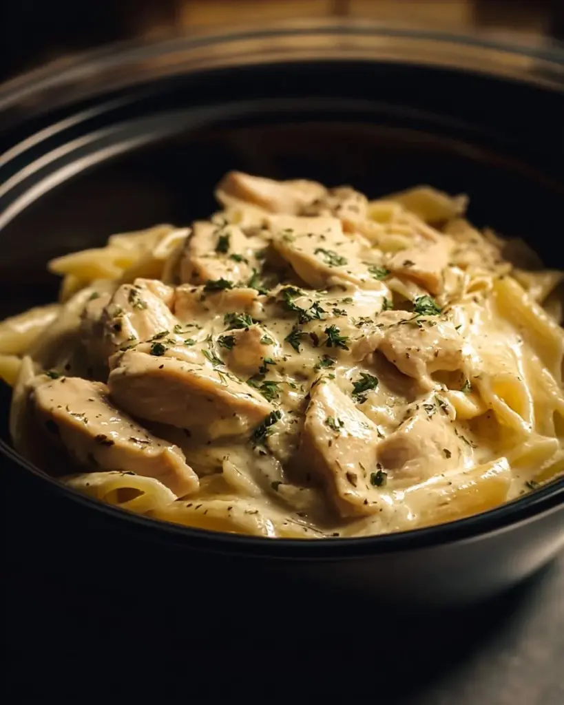 Delicious crockpot chicken alfredo served on a plate with parsley garnish