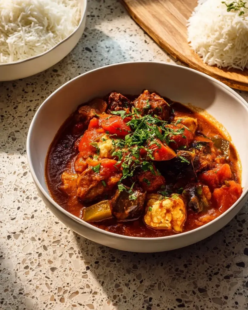 A bowl of Crockpot Chicken Cacciatore with herbs and vegetables
