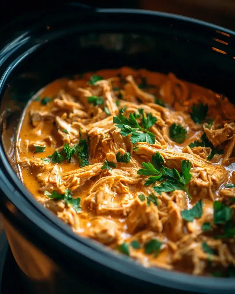 Crockpot chicken thighs in rich gravy served on a plate with herbs