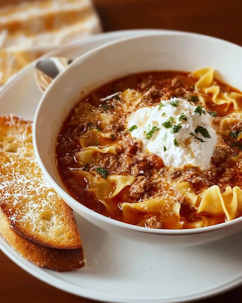 Bowl of easy lasagna soup with cheese and fresh herbs