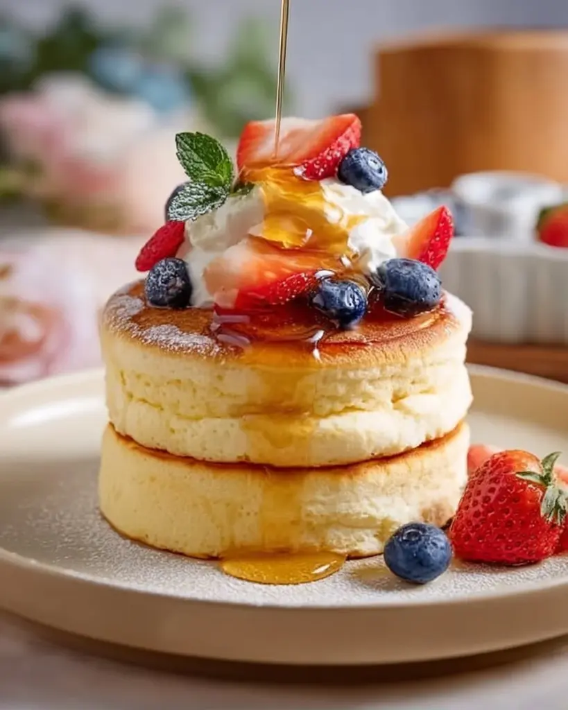 Fluffy Asian pancakes stacked on a plate, ready to be served with syrup.