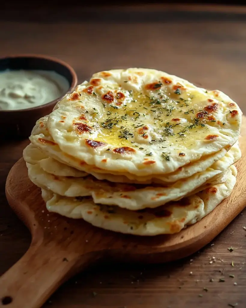 Delicious garlic butter flatbread garnished with herbs on a wooden board.