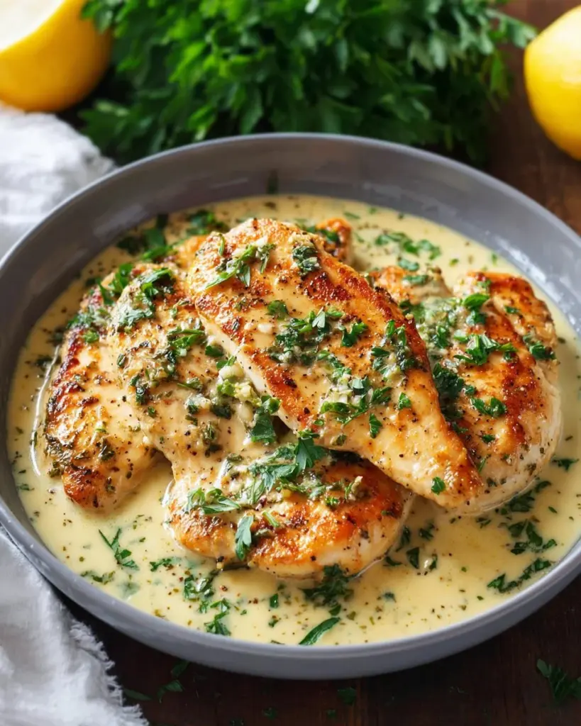 A plate of Garlic Parmesan Chicken garnished with parsley and served with vegetables.