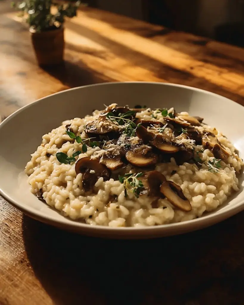 Bowl of gourmet mushroom risotto with fresh herbs and mushrooms