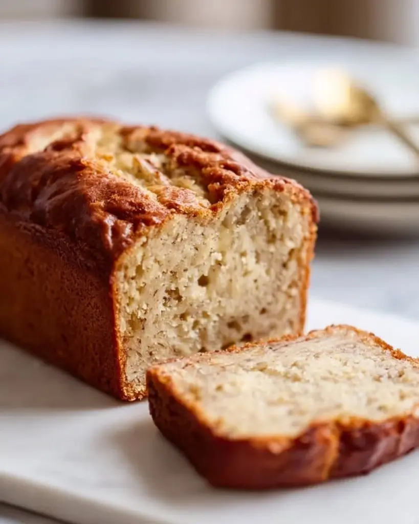 Healthy almond flour banana bread loaf on a wooden cutting board