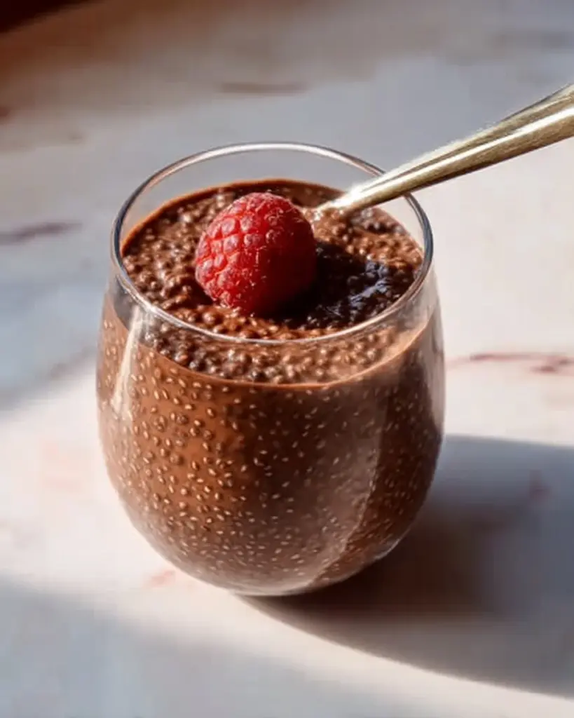 Bowl of healthy chocolate chia pudding topped with berries and nuts