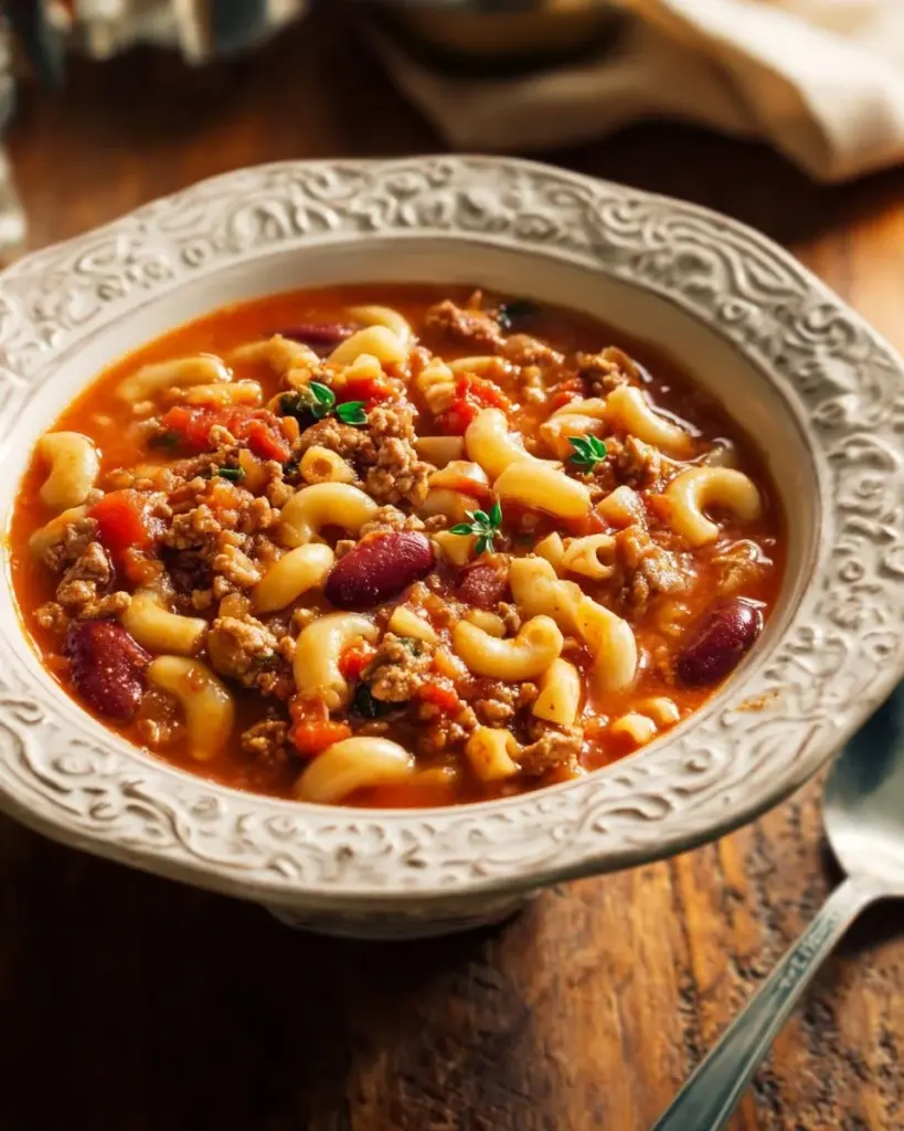 A bowl of homemade Pasta and Bean Soup garnished with fresh herbs