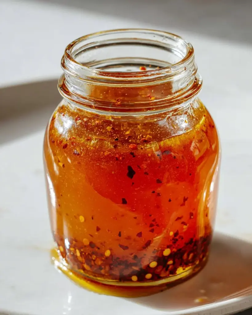 Hot honey drizzled on a pizza slice with chili flakes and herbs on a wooden table