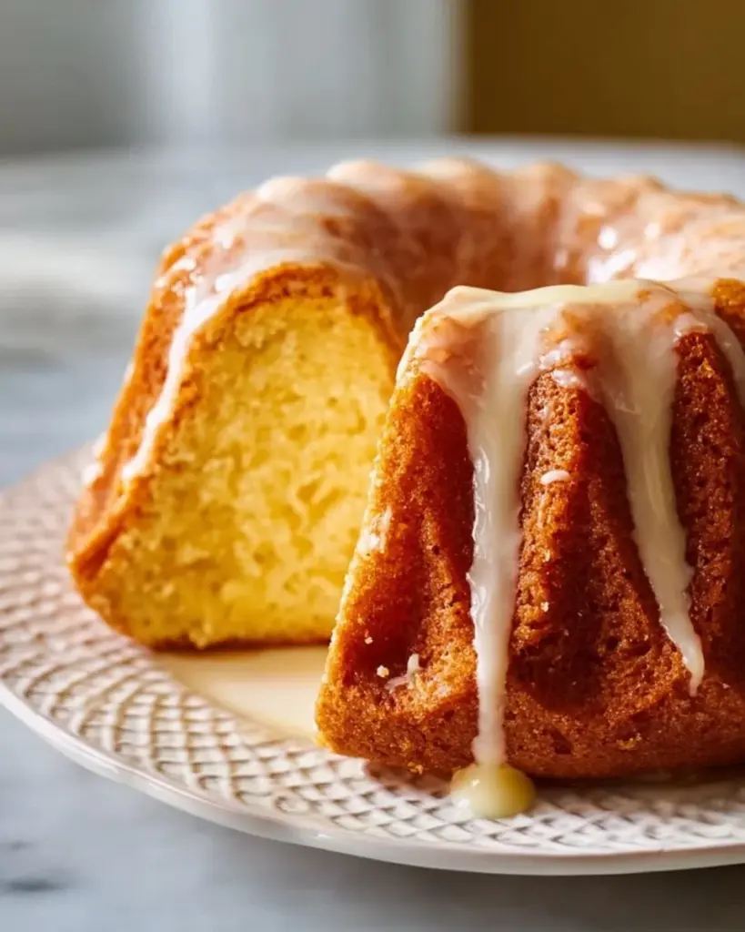Delicious slice of Kentucky Butter Cake drizzled with buttery glaze