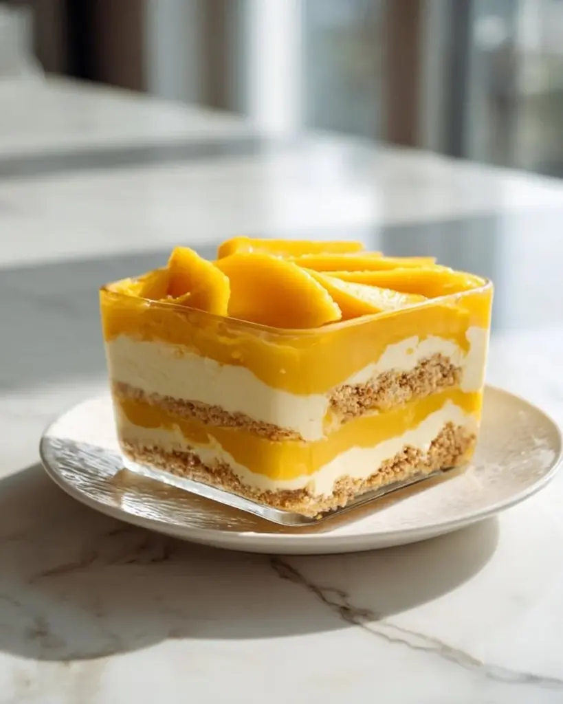 Delicious Mango Float dessert with layered mango, cream, and biscuits