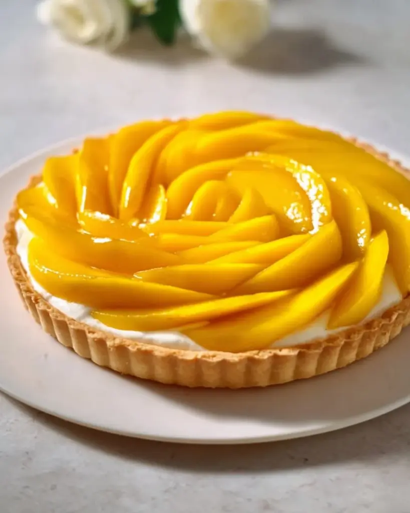 Delicious homemade mango tart with fresh mango slices and a crispy crust