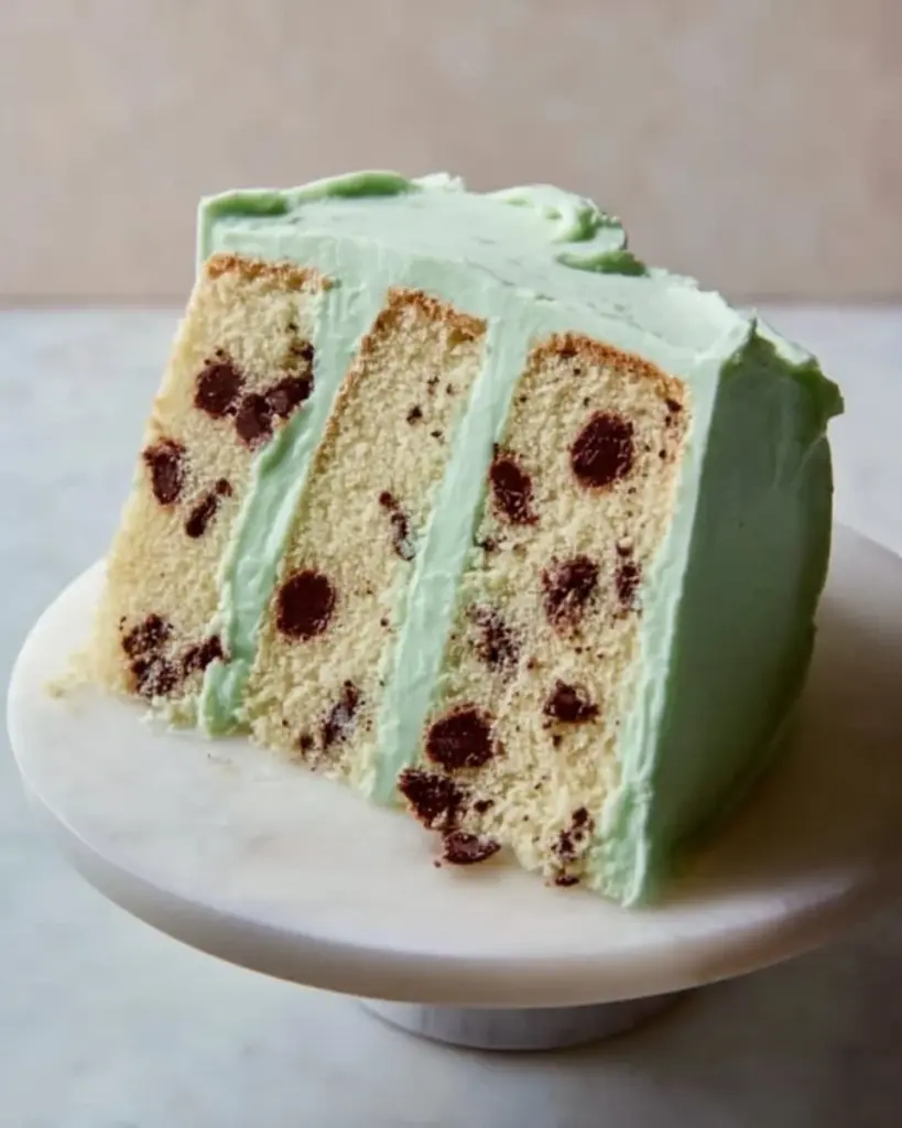 Delicious Mint Chocolate Chip Cake with chocolate chips and mint frosting