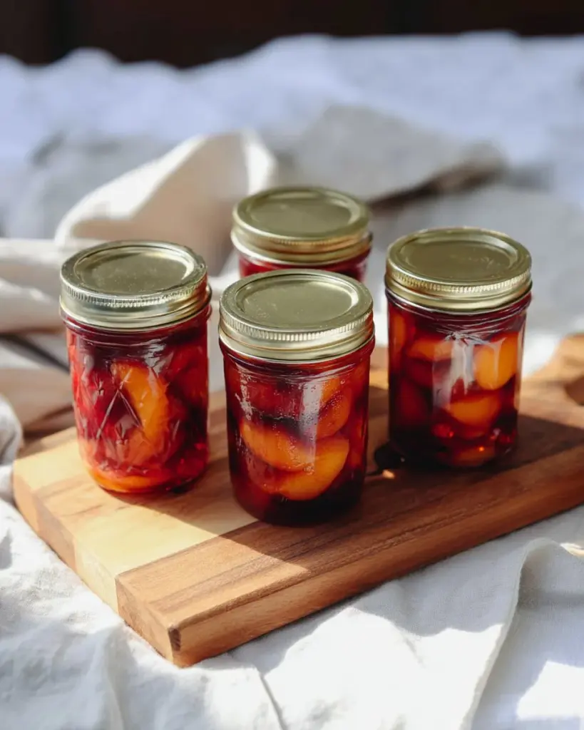 Jars of homemade pickled rhubarb on a kitchen table