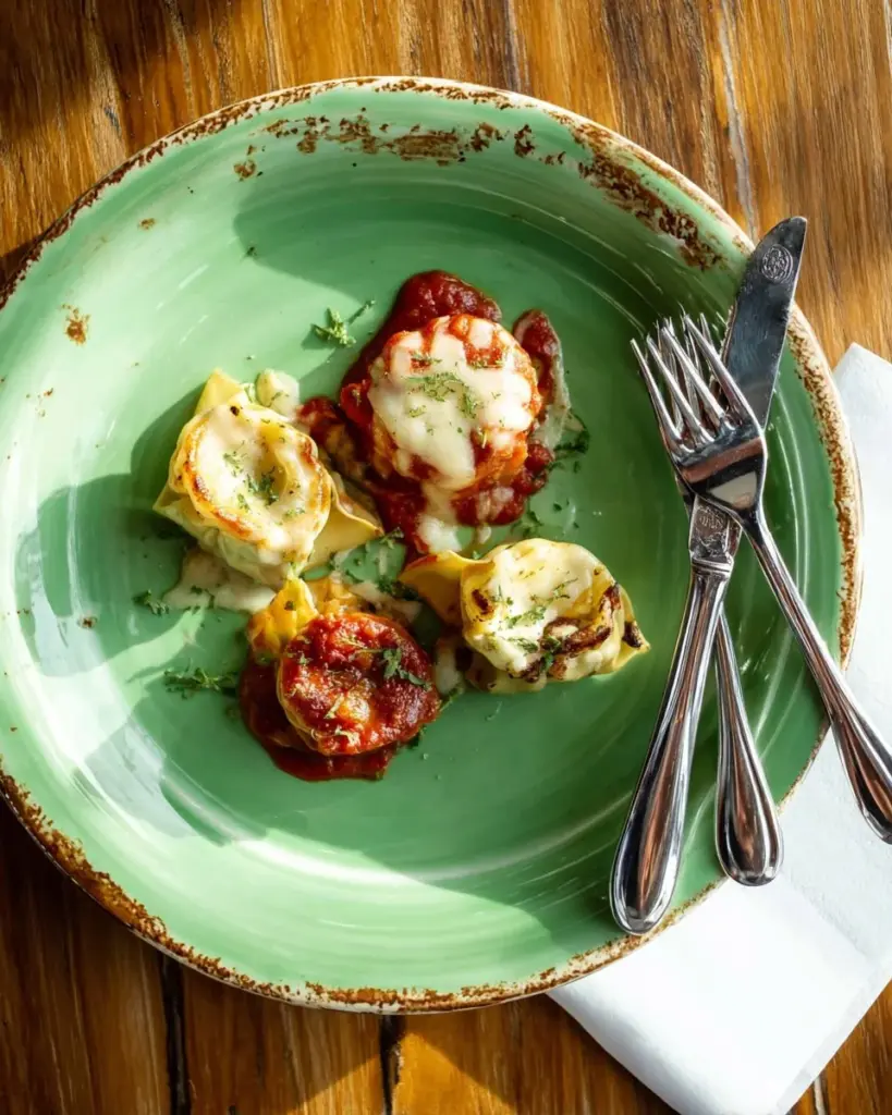 Plate of delicious pizza stuffed mushrooms topped with cheese and herbs