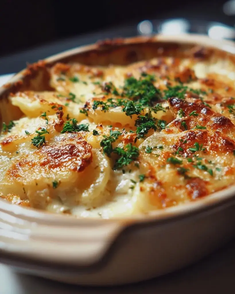 Deliciously creamy Potatoes Romanoff served on a plate with herbs.