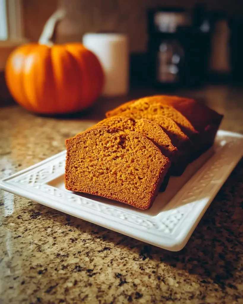 Loaf of homemade pumpkin bread with spices and walnuts