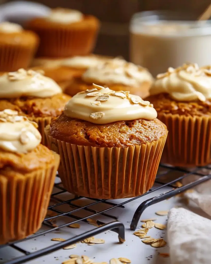 Freshly baked Pumpkin Cream Cheese Muffins with cream cheese swirl on top