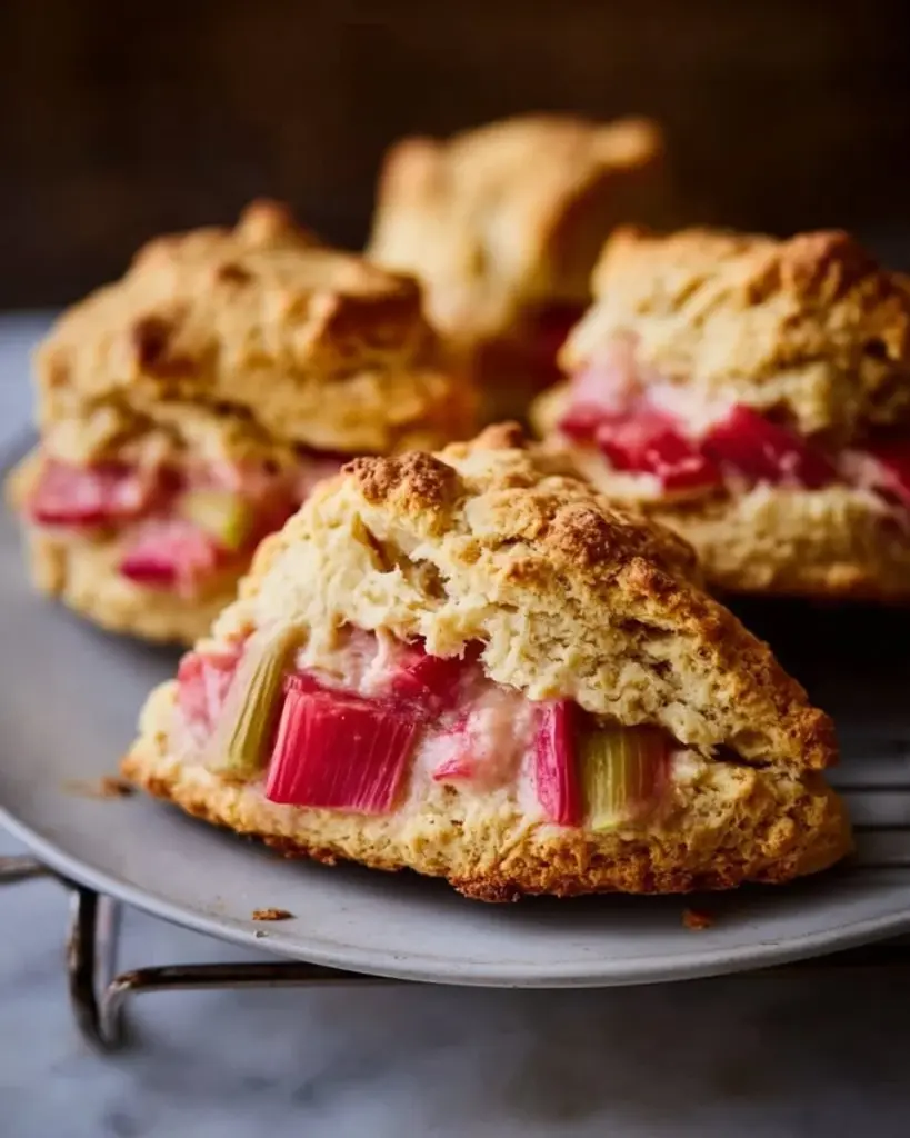 Freshly baked rhubarb scones on a rustic wooden table