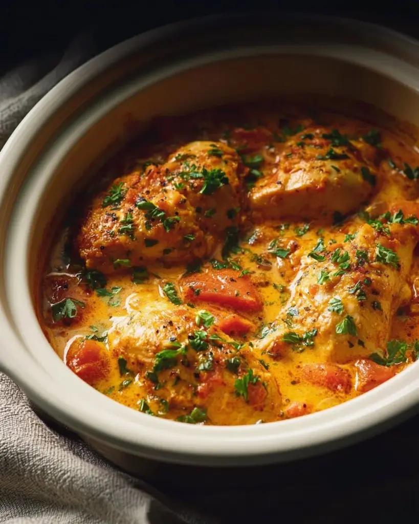 Delicious Slow Cooker Creamy Tomato Basil Chicken served on a plate