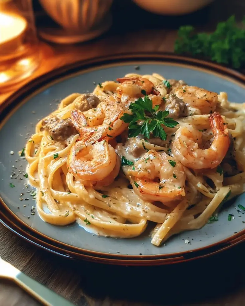 Delicious Spicy Peppered Shrimp Alfredo served in a bowl