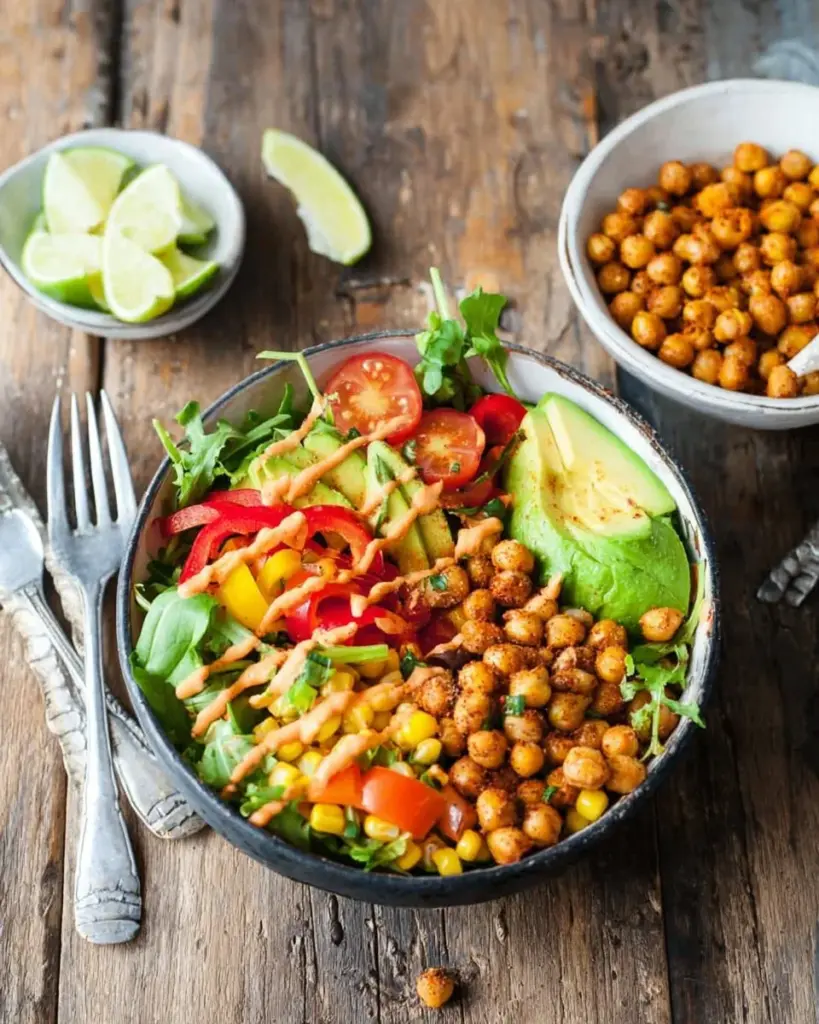 Delicious Sriracha Chicken Burrito Bowl topped with fresh ingredients.