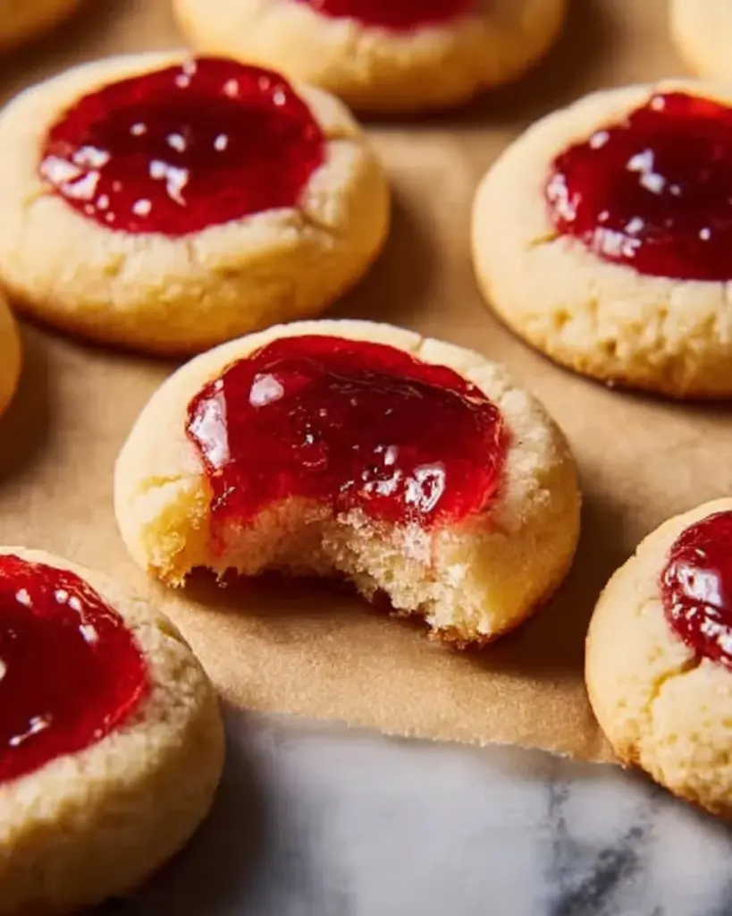 Freshly baked strawberry thumbprint cookies with strawberry jam filling