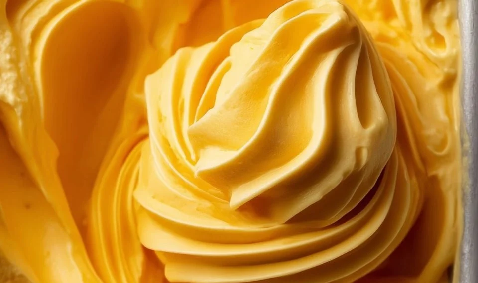 Delicious summer mango ice cream in a bowl, topped with fresh mango slices