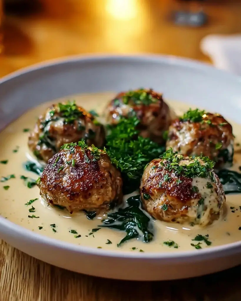 Delicious Chicken Ricotta Meatballs in Spinach Alfredo Sauce