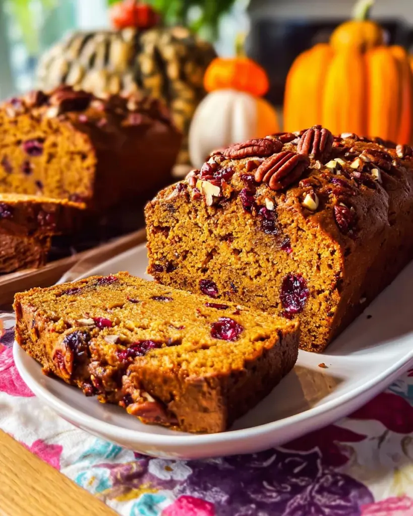 Cranberry pecan pumpkin bread fresh out of the oven, decorated with pecans.